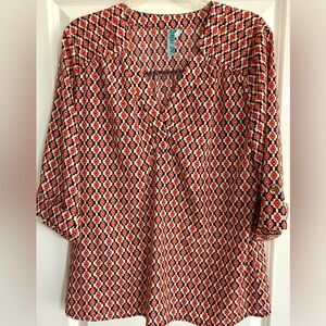 Dina Be women’s Blouse coral navy Geometric Design 3/4 sleeves V Neck